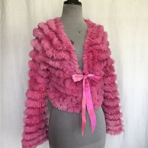 Pink Real Fur Knit Jacket with Bow